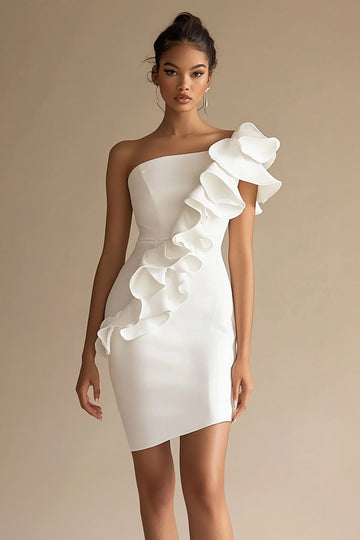 One Shoulder White Ruffled Bodycon Graduation Dress